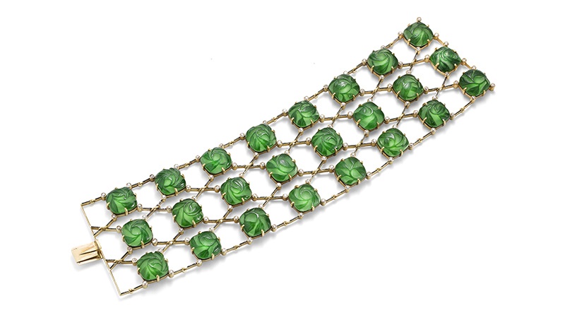 A glass, enamel and diamond bracelet, brooch and earring suite, by Lalique, circa 1905-10 | SOLD FOR £26,250 (inc premium)